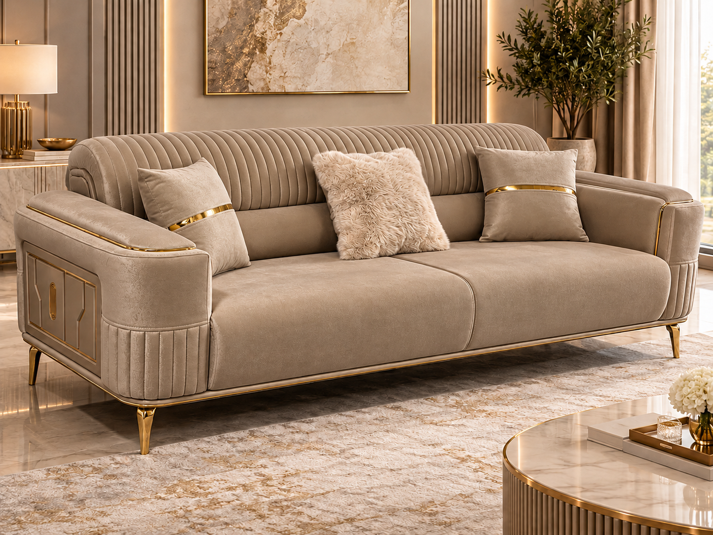 Armoni Luxury Velvet 3+2+1 Sofa Set | Cream & Beige