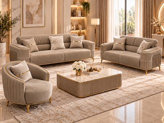 Armoni Luxury Velvet 3+2+1 Sofa Set | Cream & Beige