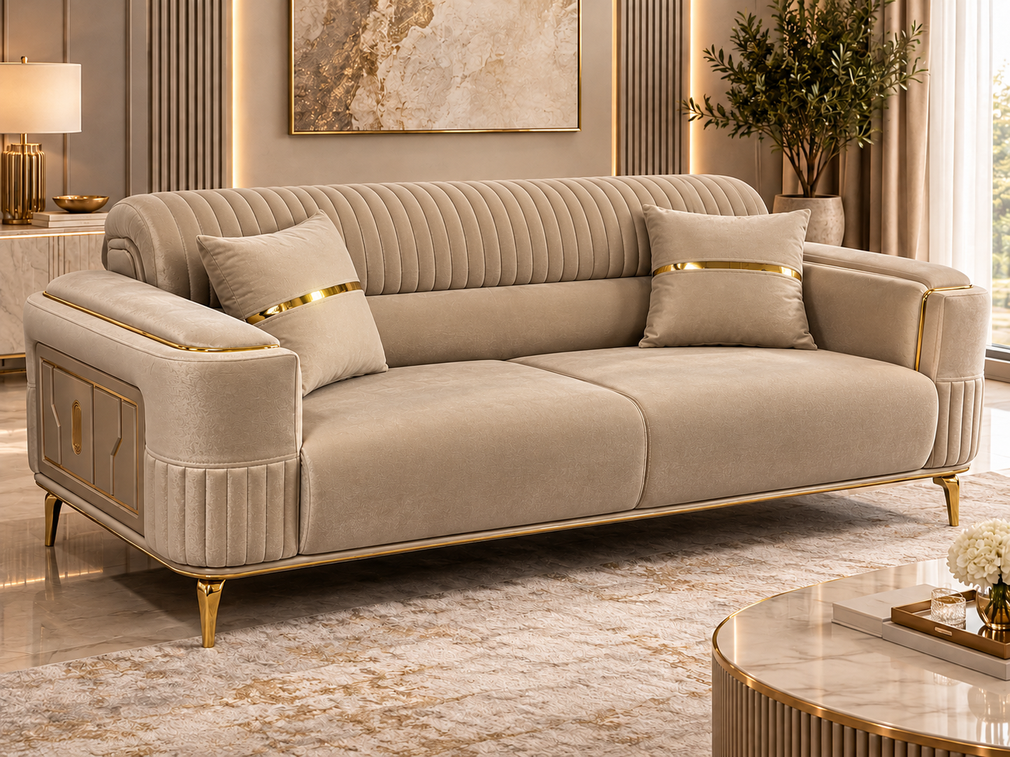 Armoni Luxury Velvet 3+2+1 Sofa Set | Cream & Beige