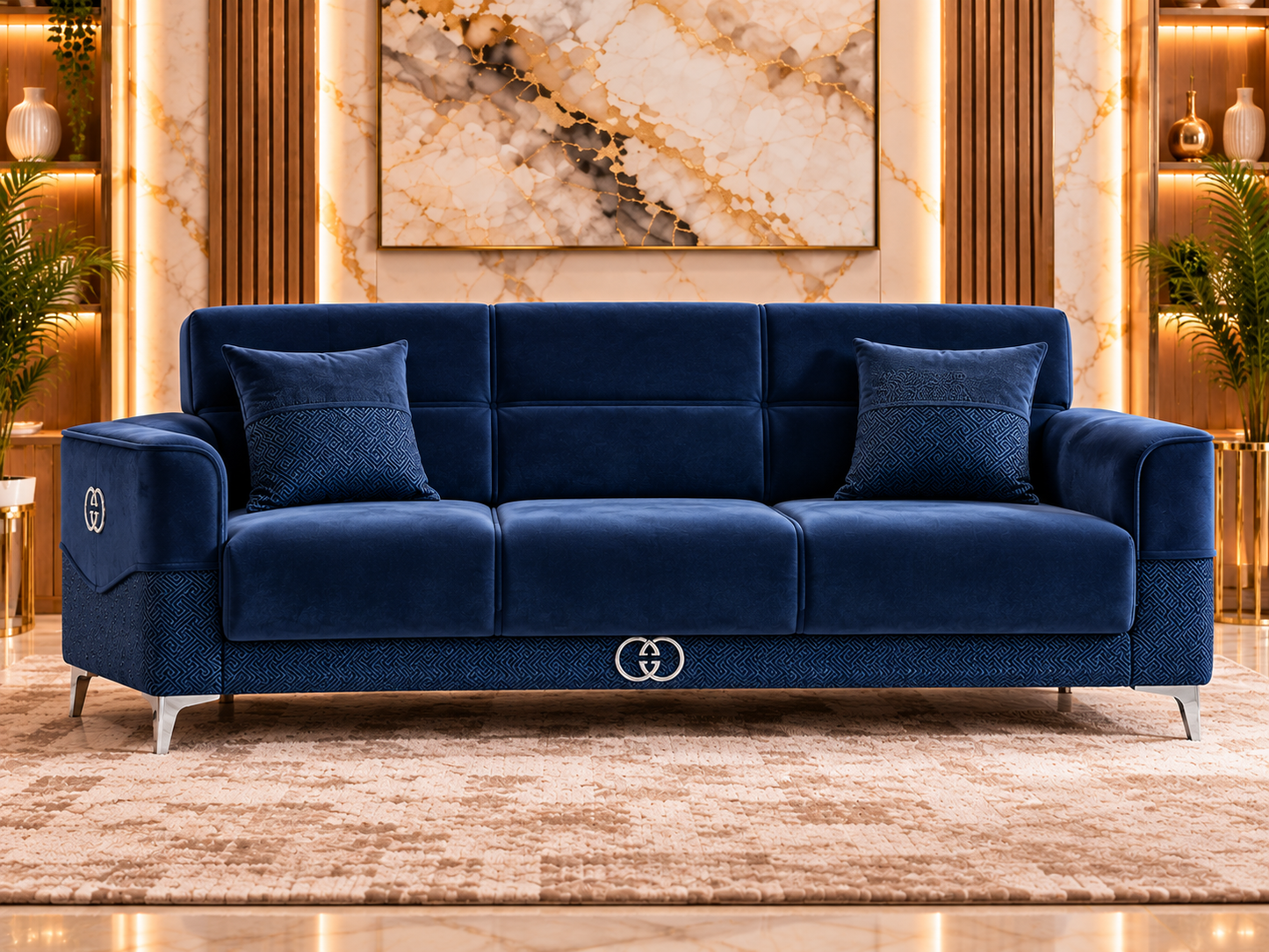 Clara Luxury Velvet 3+2+1 Sofa Set | Cream, Grey & Navy