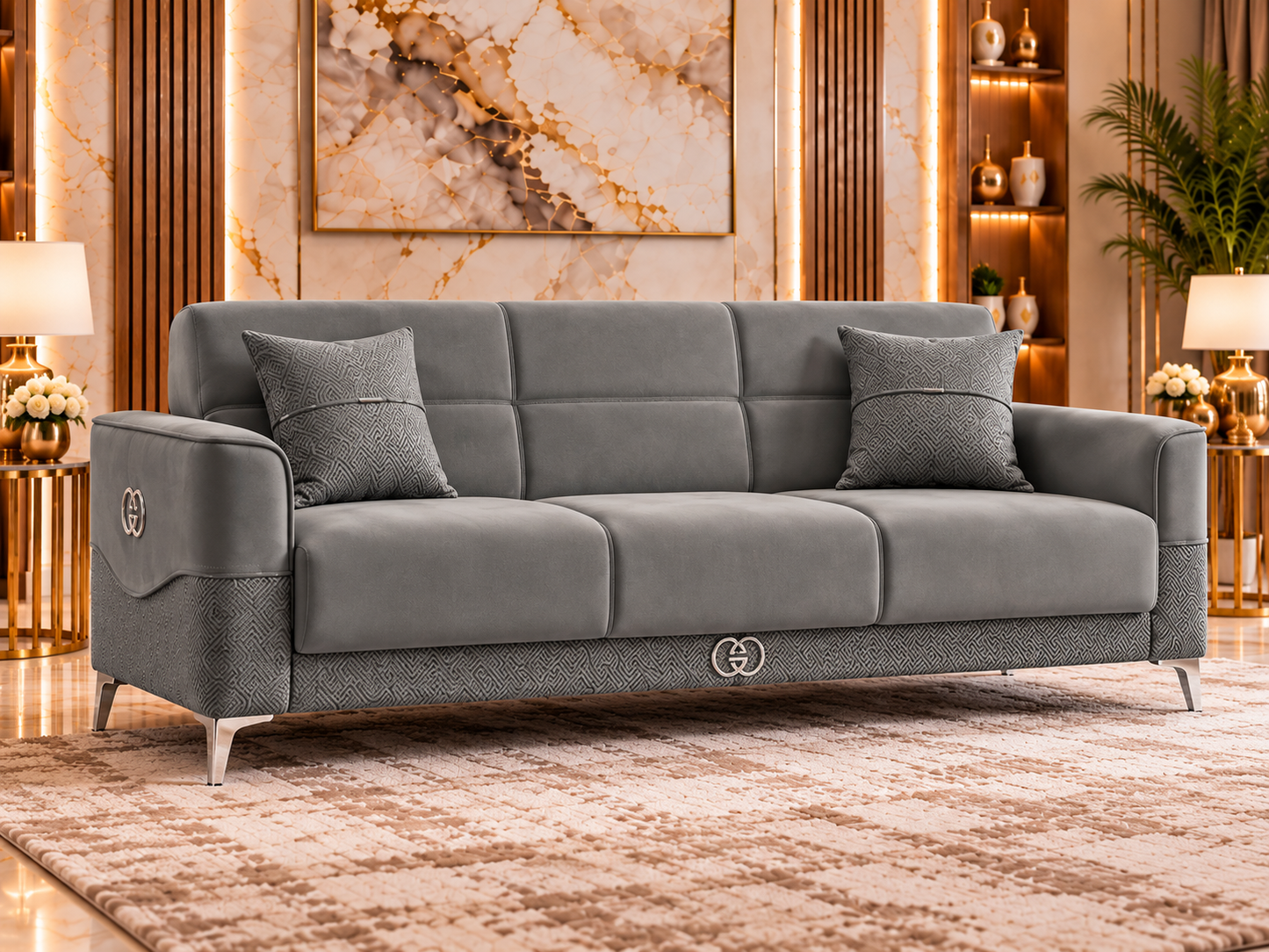 Clara Luxury Velvet 3+2+1 Sofa Set | Cream, Grey & Navy