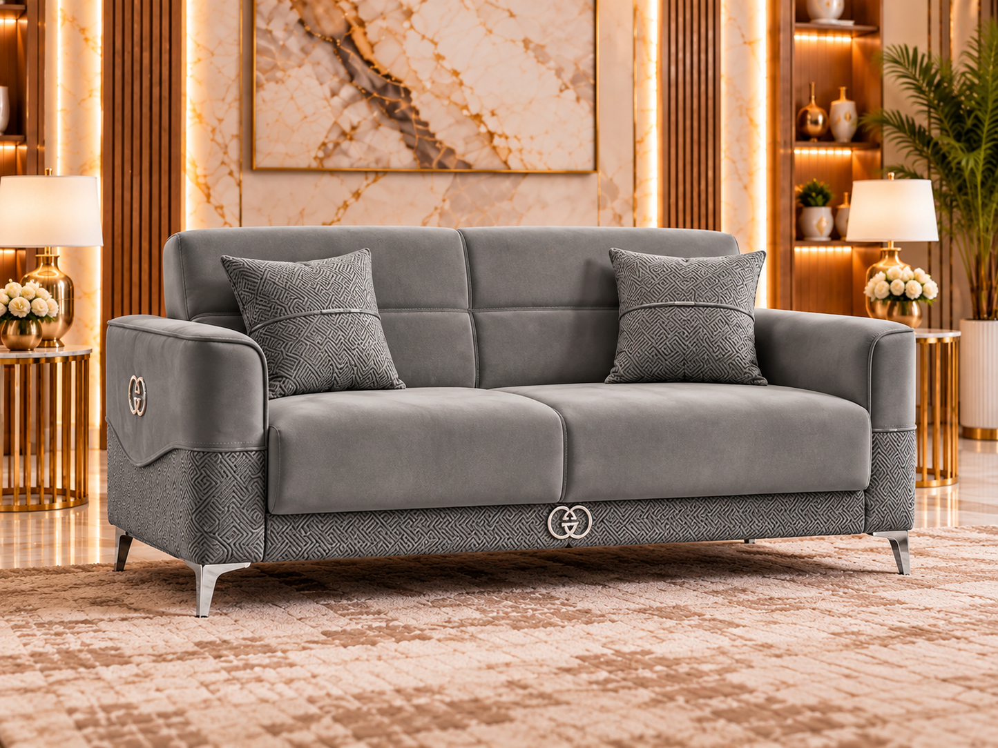 Clara Luxury Velvet 3+2+1 Sofa Set | Cream, Grey & Navy