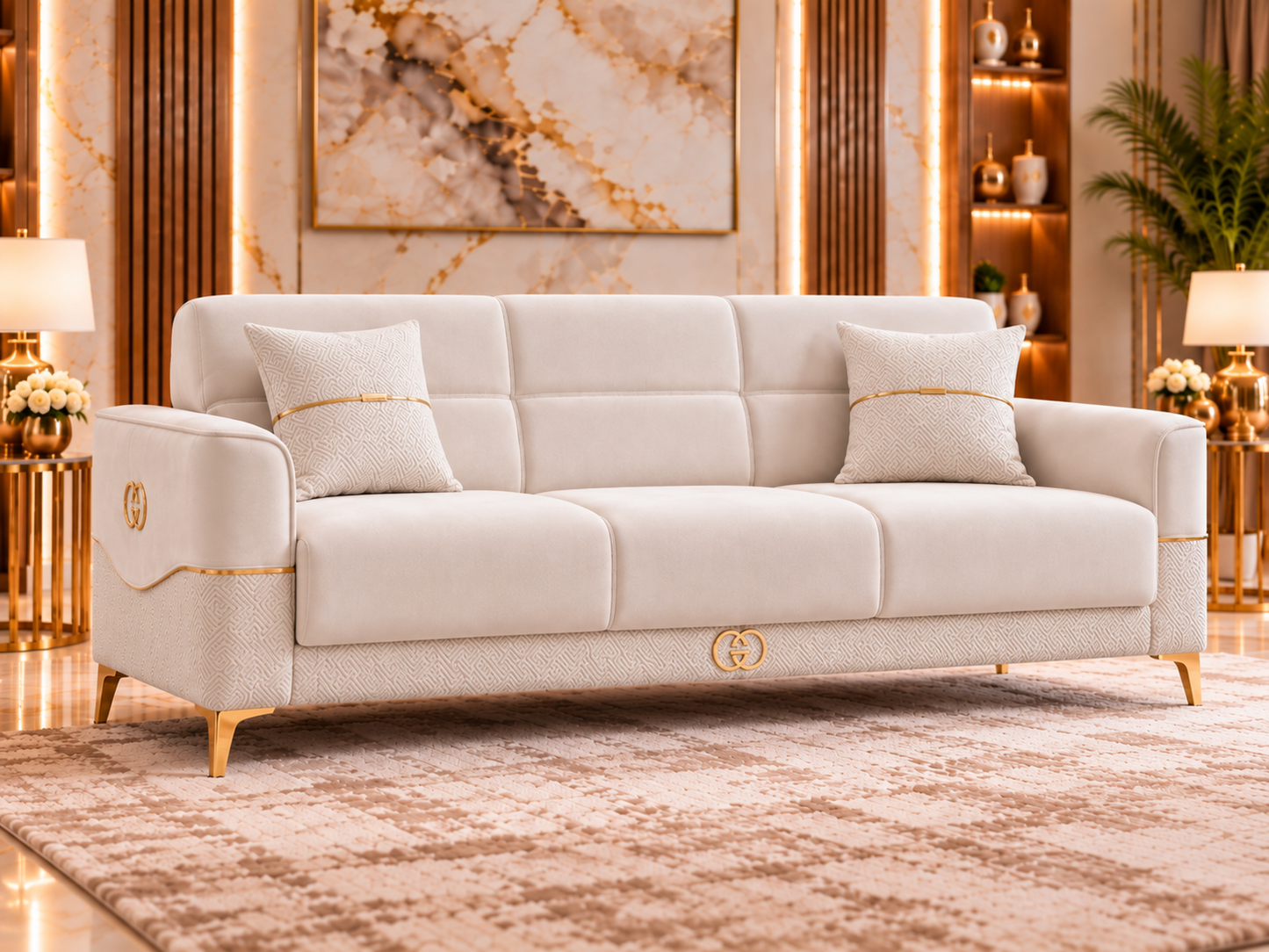 Clara Luxury Velvet 3+2+1 Sofa Set | Cream, Grey & Navy