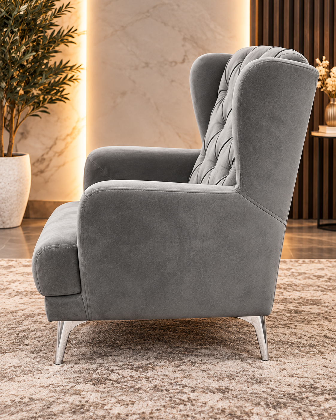 Luxury Grey Velvet Diamond-Tufted Wingback Armchair