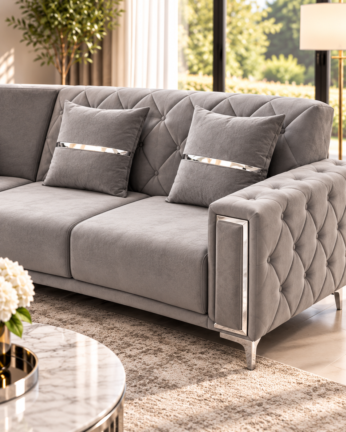 Bolivia Luxury Velvet Corner Sofa – Grey | 315 × 295cm