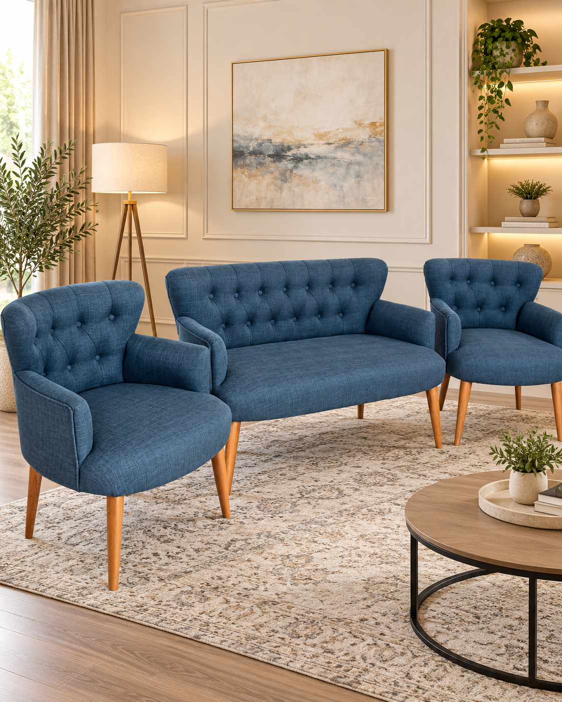 Roma Sofa Set – 2 Seater & 2 Armchairs | Cream & Blue