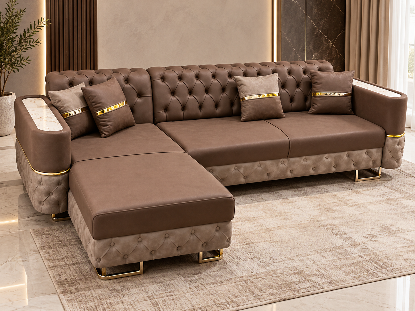 Grande Luxury L-Shaped Corner Sofa Bed with Storage – Brown & Gold