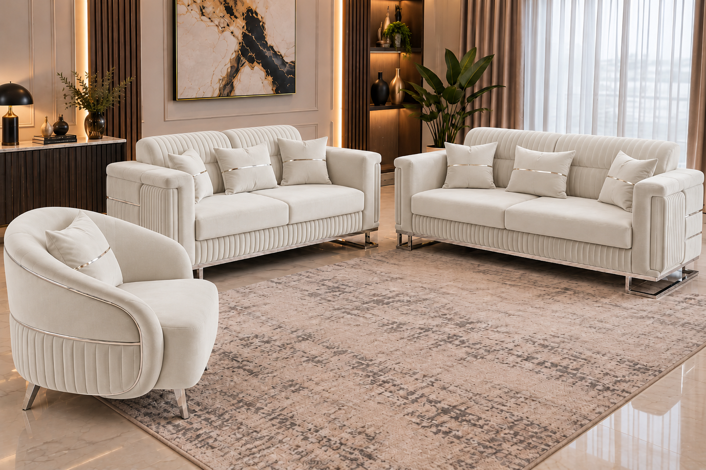 Fashion Luxury Velvet Sofa Set | Cream & Charcoal Grey