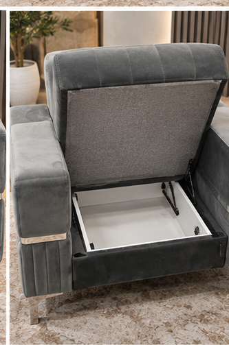 Luxury Velvet Storage Armchair – Modern Accent Chair with Chrome Trim