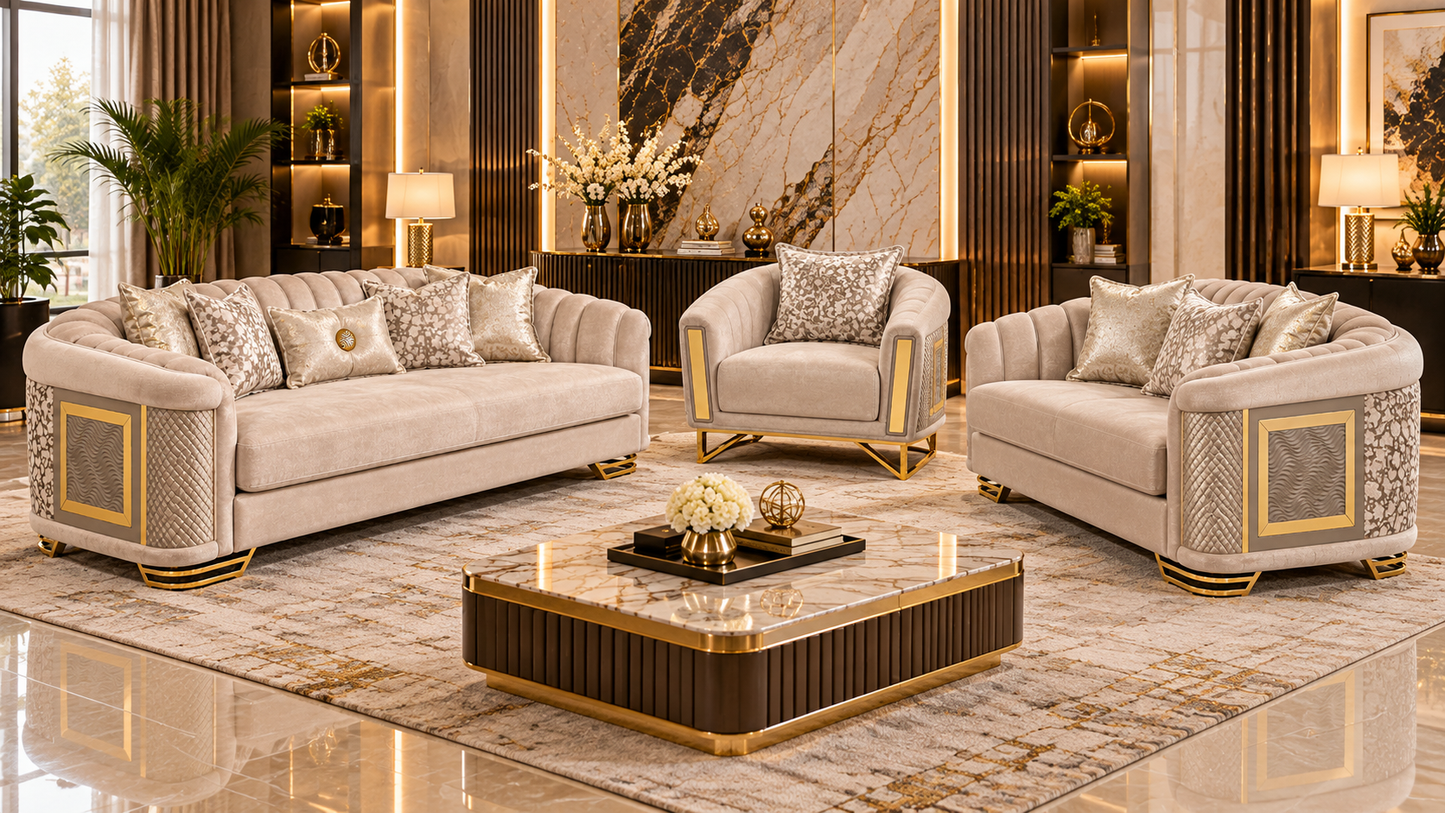 Romance Luxury Velvet 3+2+1 Sofa Set | Beige, Green & Grey