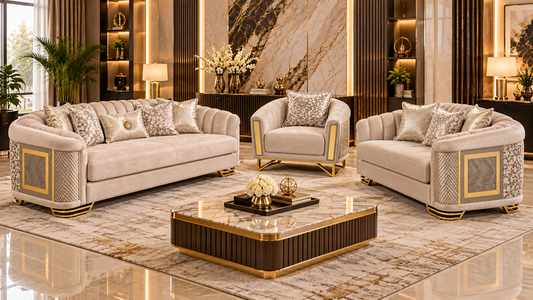 Romance Luxury Velvet 3+2+1 Sofa Set | Beige, Green & Grey