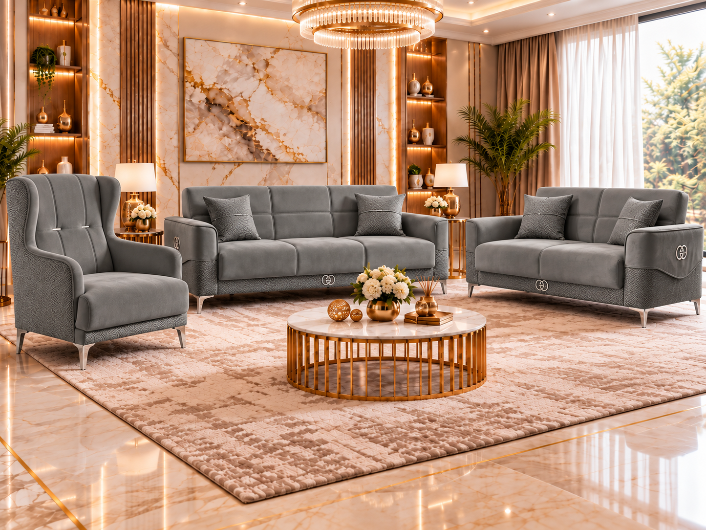 Clara Luxury Velvet 3+2+1 Sofa Set | Cream, Grey & Navy