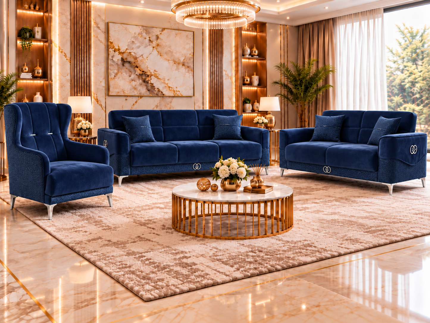 Clara Luxury Velvet 3+2+1 Sofa Set | Cream, Grey & Navy
