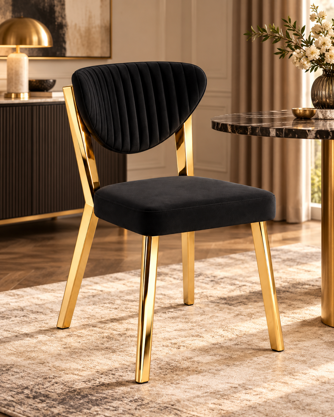 Raja Luxury Dining Table Set with 4 Fubi Chairs – Gold Finish