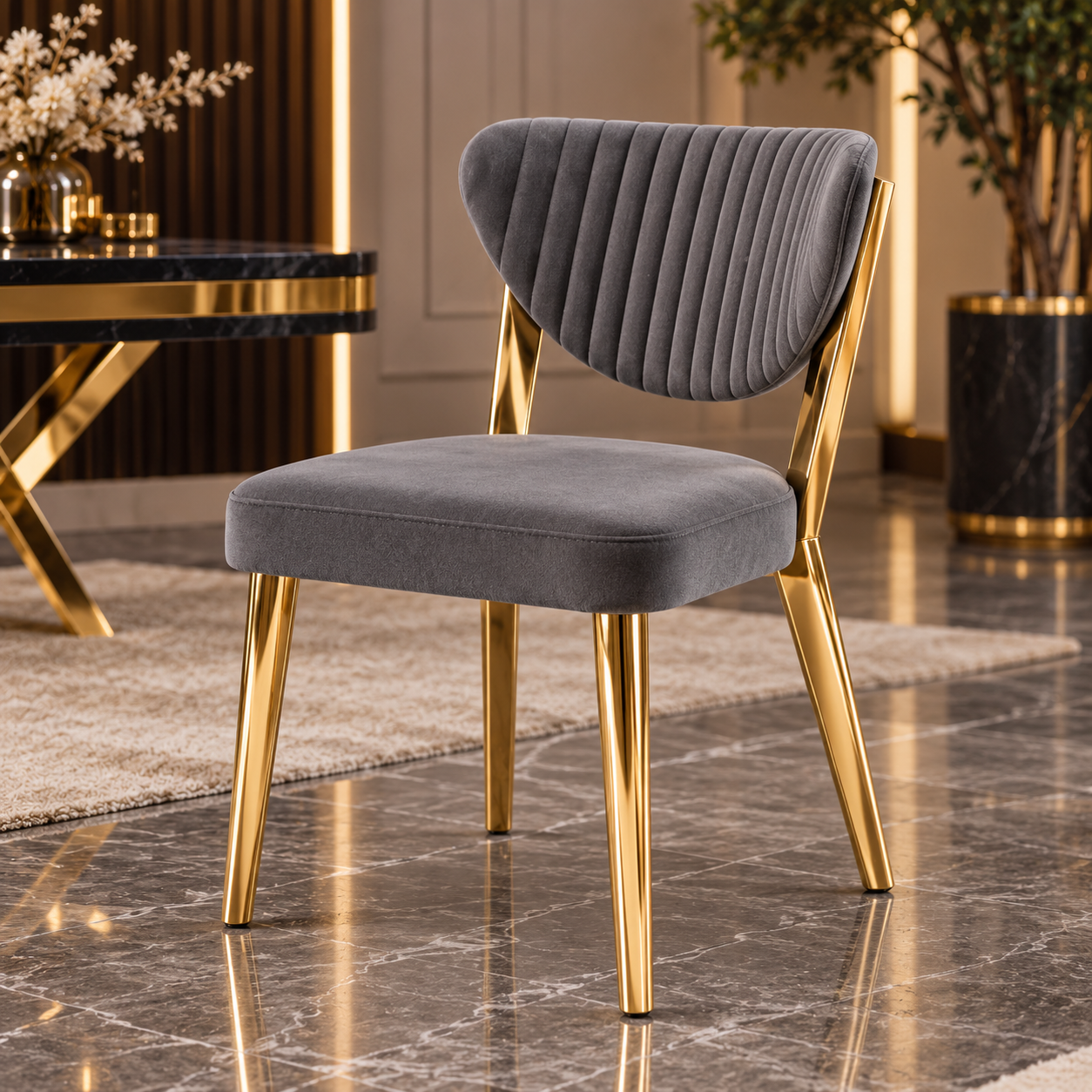 Raja Luxury Dining Table Set with 4 Fubi Chairs – Gold Finish