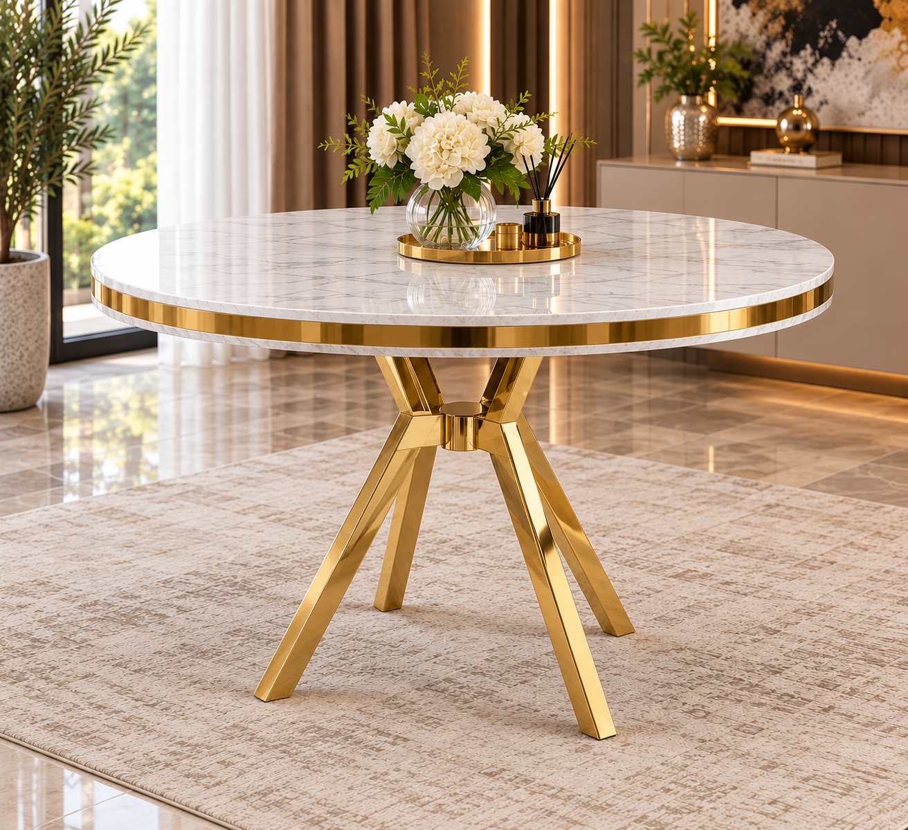 Mos Luxury Round Dining Table Set with 4 Mara Chairs