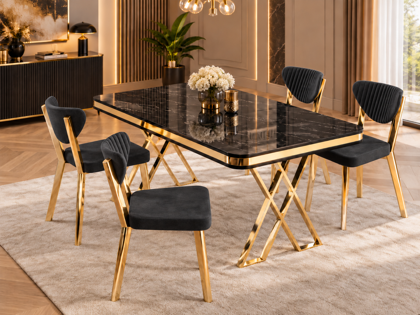 Raja Luxury Dining Table Set with 4 Fubi Chairs – Gold Finish