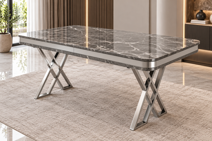 Raja Luxury Dining Table Set with 4 Fubi Chairs – Silver Finish