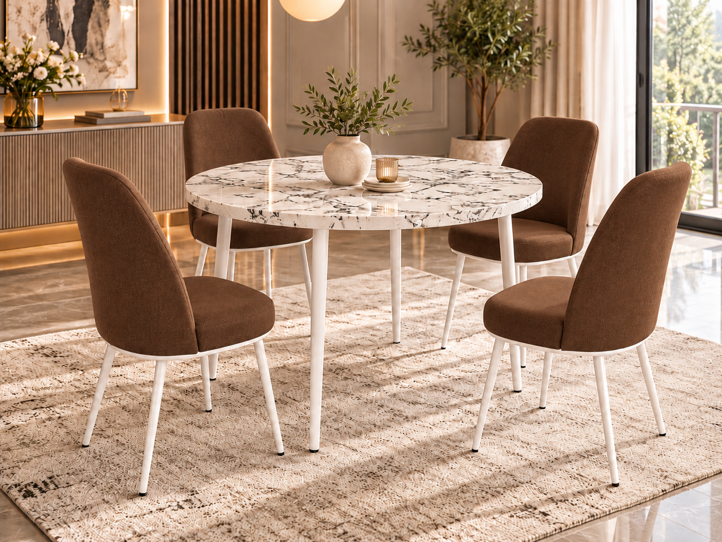 Tor Modern Round Dining Table Set with 4 Dexa Chairs