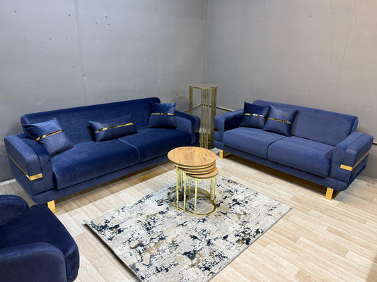 Elegant Prestij Navy Gold Sofa Set - 3 Seater + 2 Seater + 1 Seater with Storage & Bed Functionality | Free UK Delivery