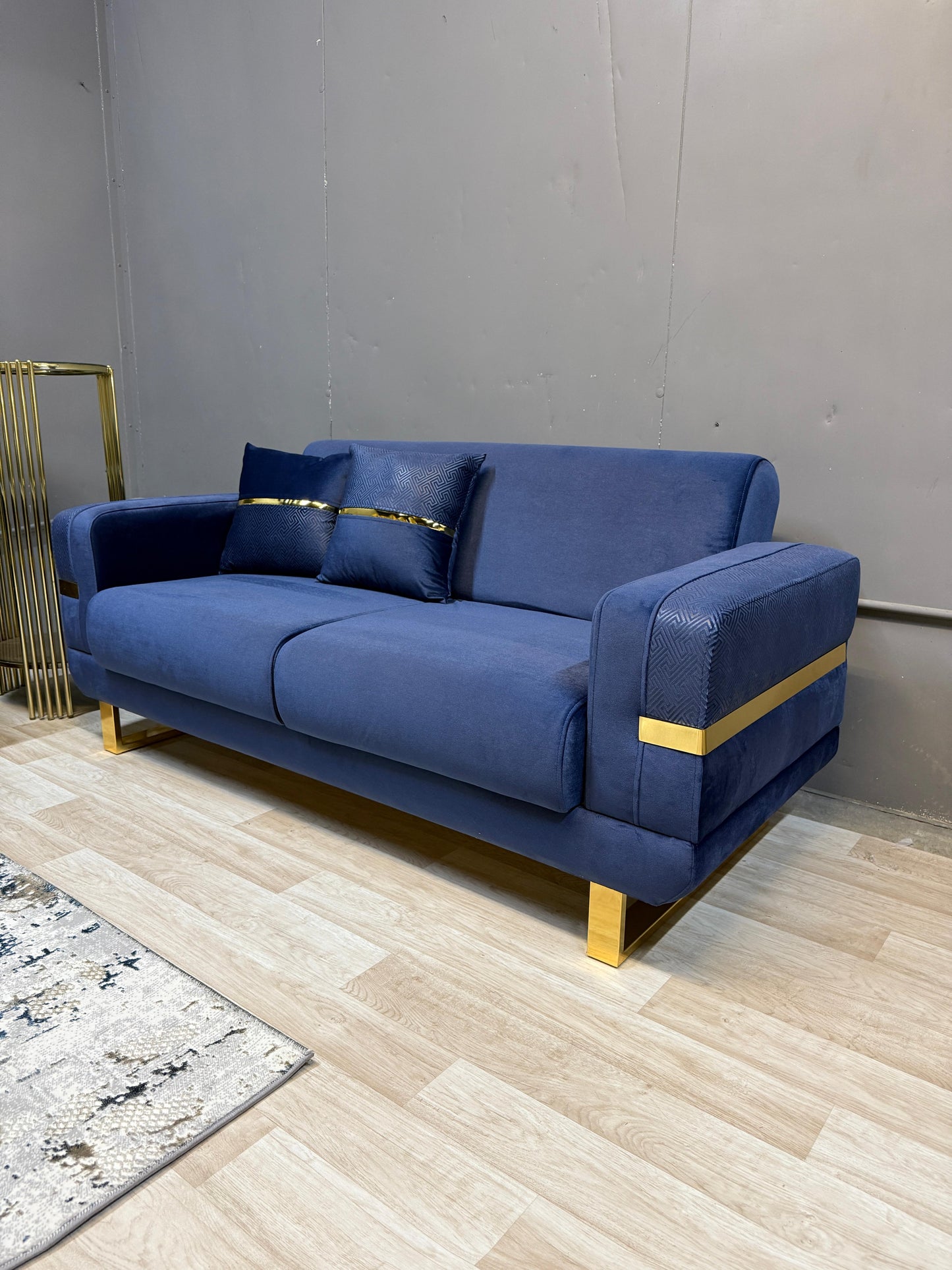 Elegant Prestij Navy Gold Sofa Set - 3 Seater + 2 Seater + 1 Seater with Storage & Bed Functionality | Free UK Delivery