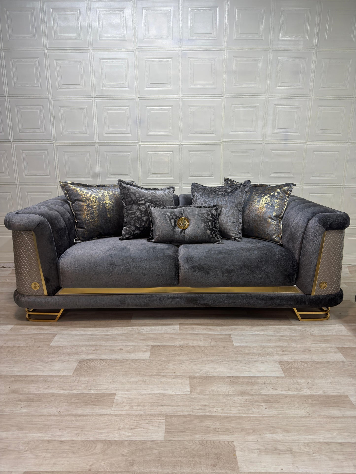 Luxurious Romance Sofa Set - Charcoal with Golden Accents | Bullring Rugs Ltd
