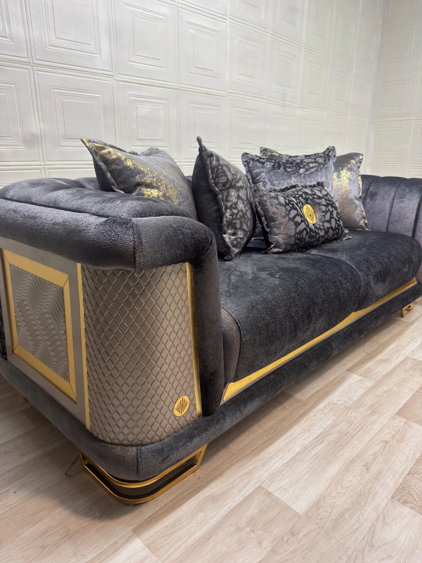 Luxurious Romance Sofa Set - Charcoal with Golden Accents | Bullring Rugs Ltd