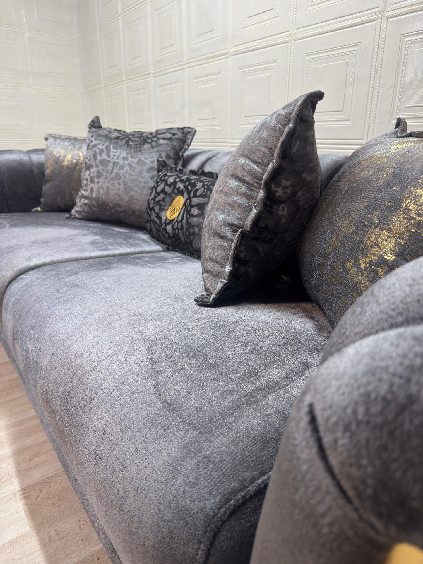 Luxurious Romance Sofa Set - Charcoal with Golden Accents | Bullring Rugs Ltd
