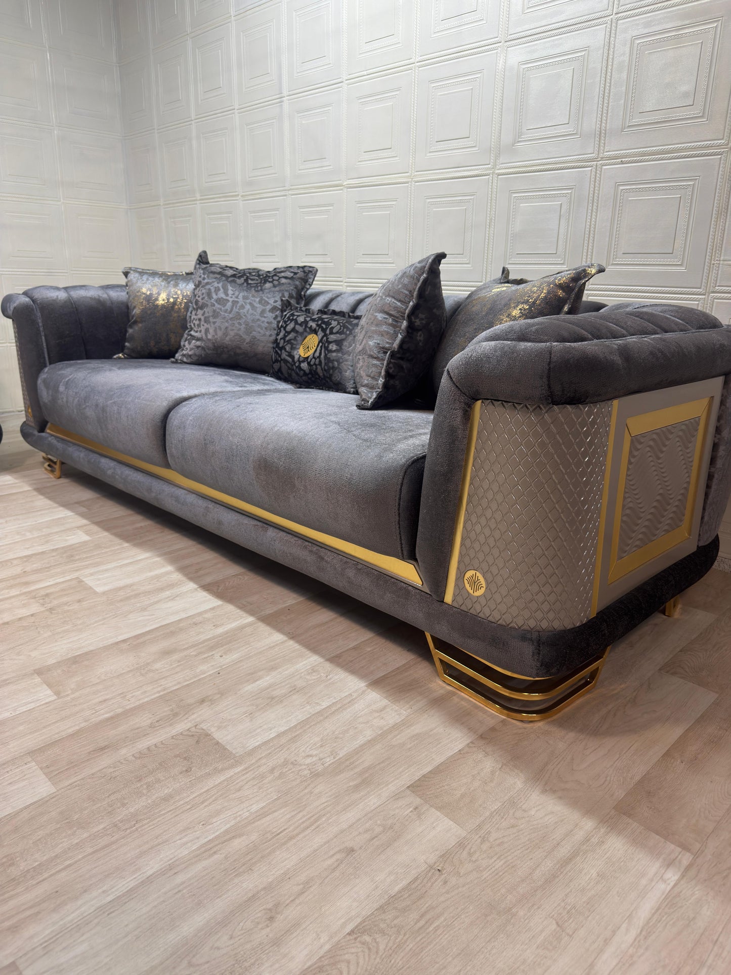 Luxurious Romance Sofa Set - Charcoal with Golden Accents | Bullring Rugs Ltd