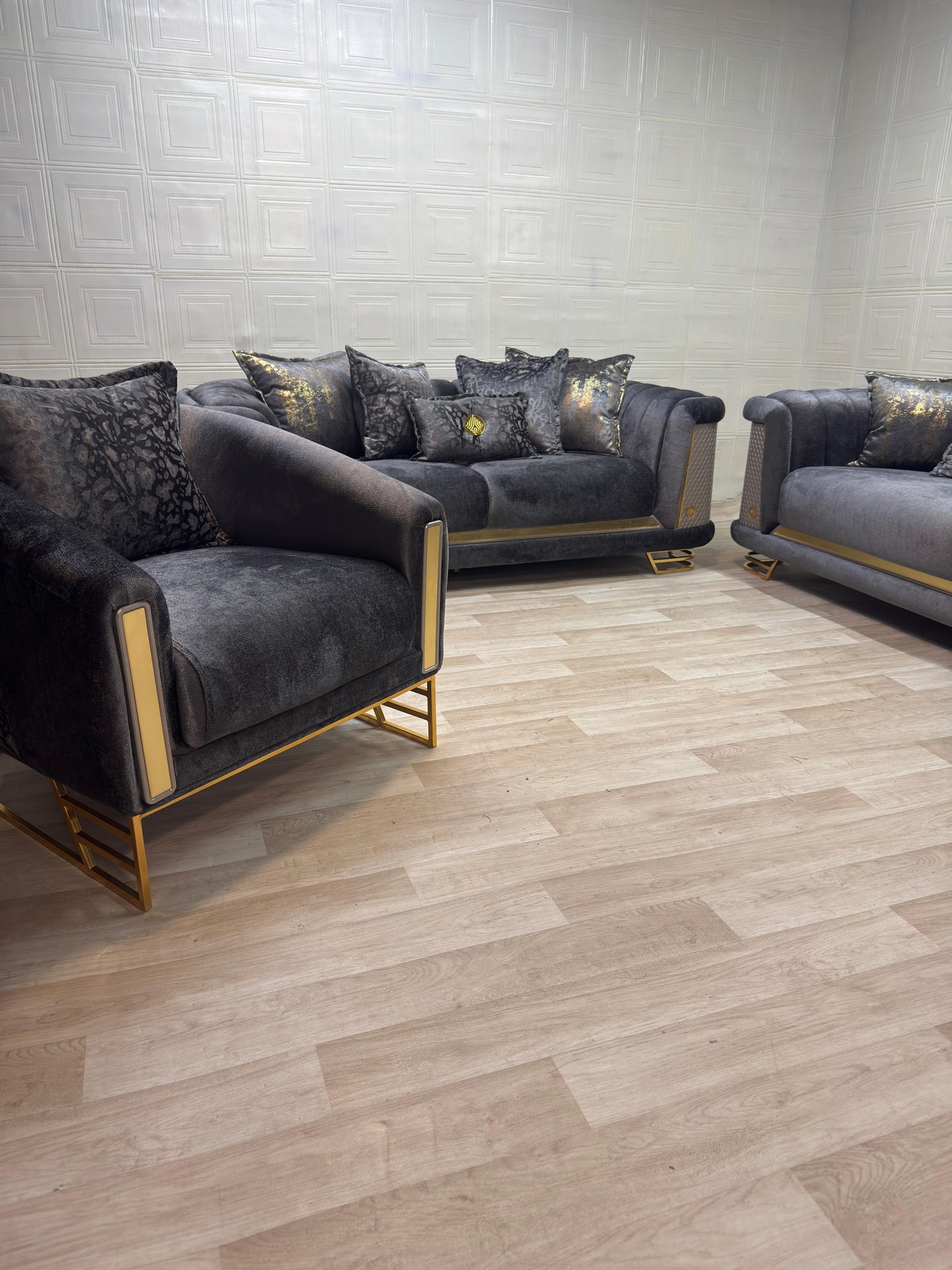 Luxurious Romance Sofa Set - Charcoal with Golden Accents | Bullring Rugs Ltd