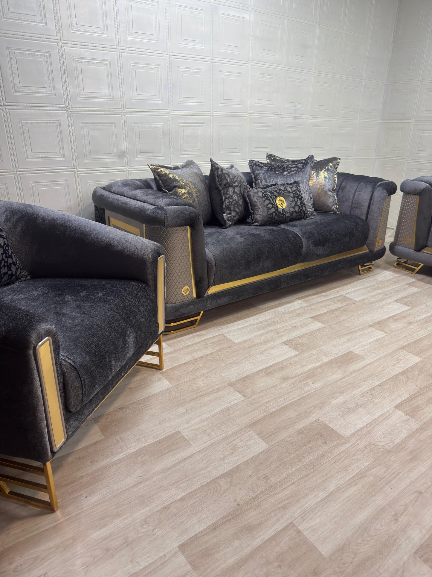 Luxurious Romance Sofa Set - Charcoal with Golden Accents | Bullring Rugs Ltd