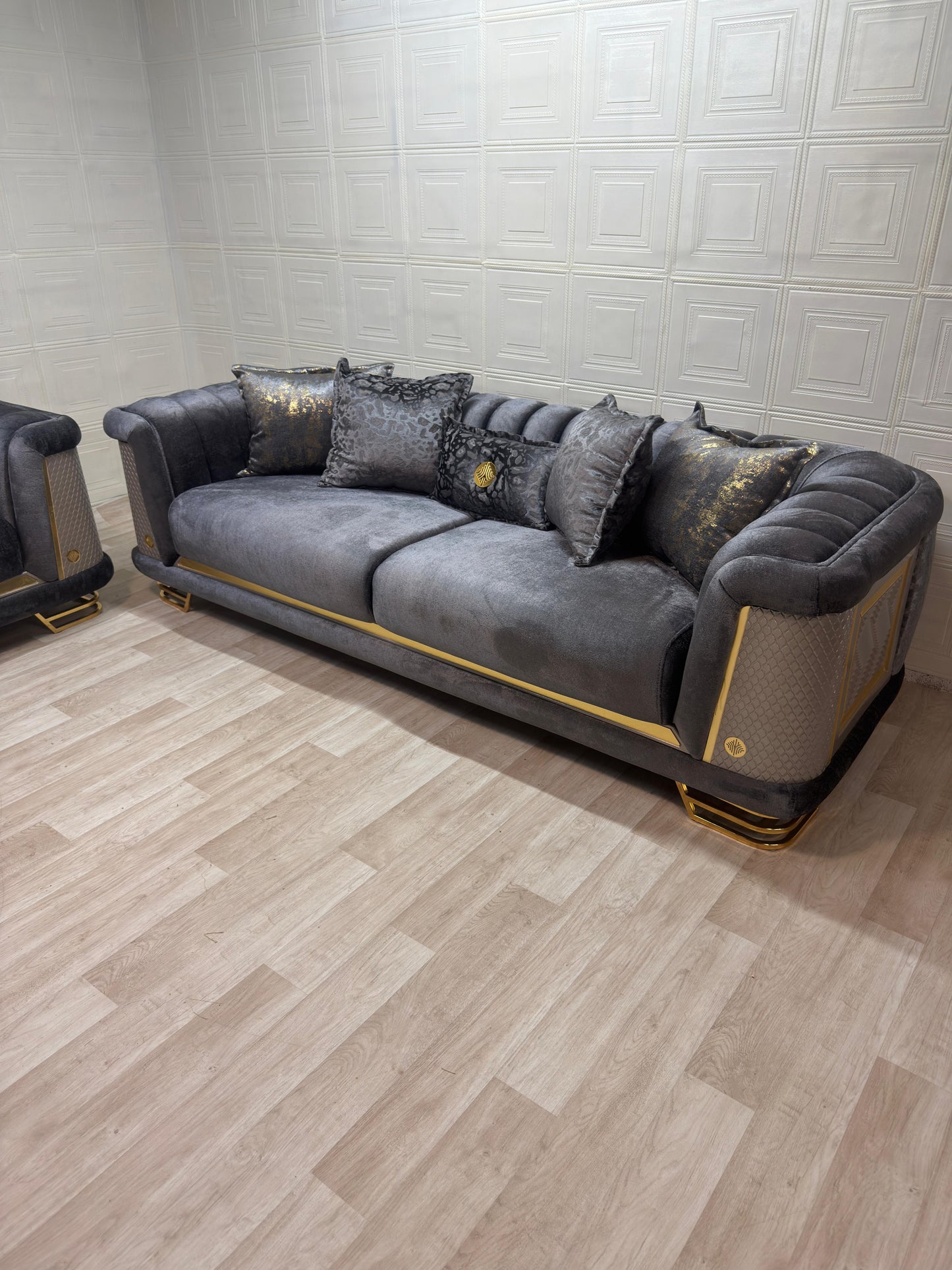 Luxurious Romance Sofa Set - Charcoal with Golden Accents | Bullring Rugs Ltd