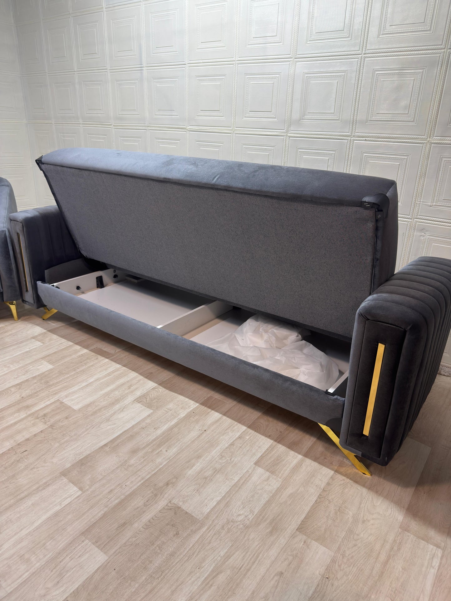 Stylish Synfoni Sofa Set - Dark Grey Velvet with Gold Accents | Bullring Rugs Ltd