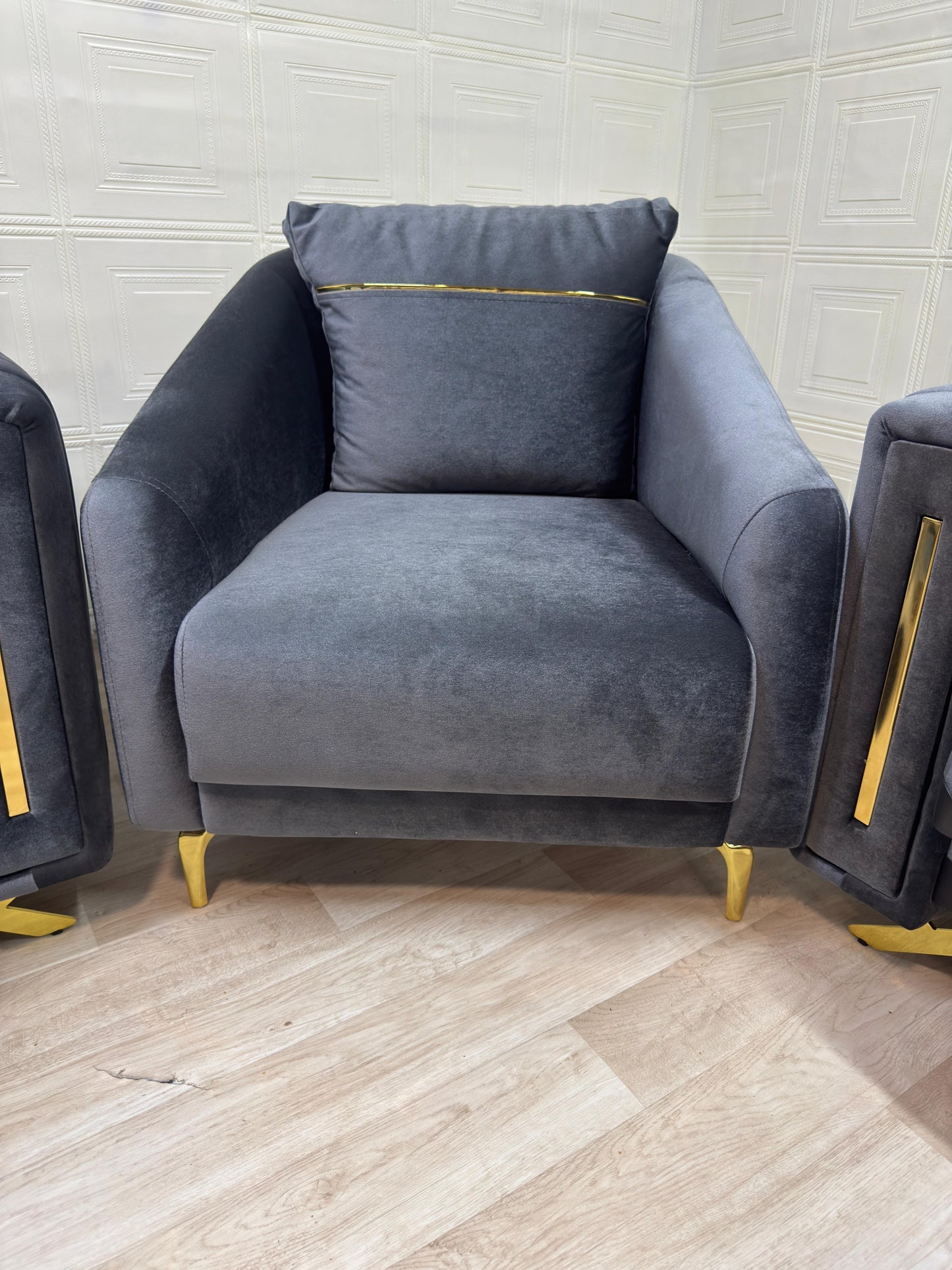 Stylish Synfoni Sofa Set - Dark Grey Velvet with Gold Accents | Bullring Rugs Ltd