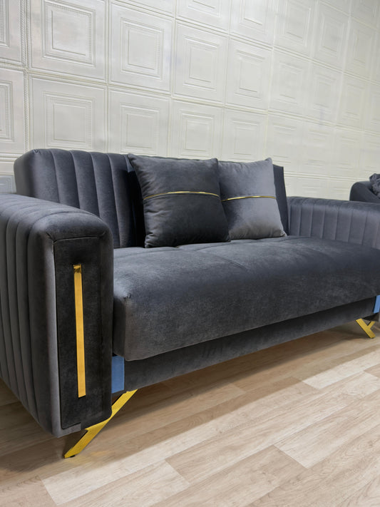 Stylish Synfoni Sofa Set - Dark Grey Velvet with Gold Accents | Bullring Rugs Ltd