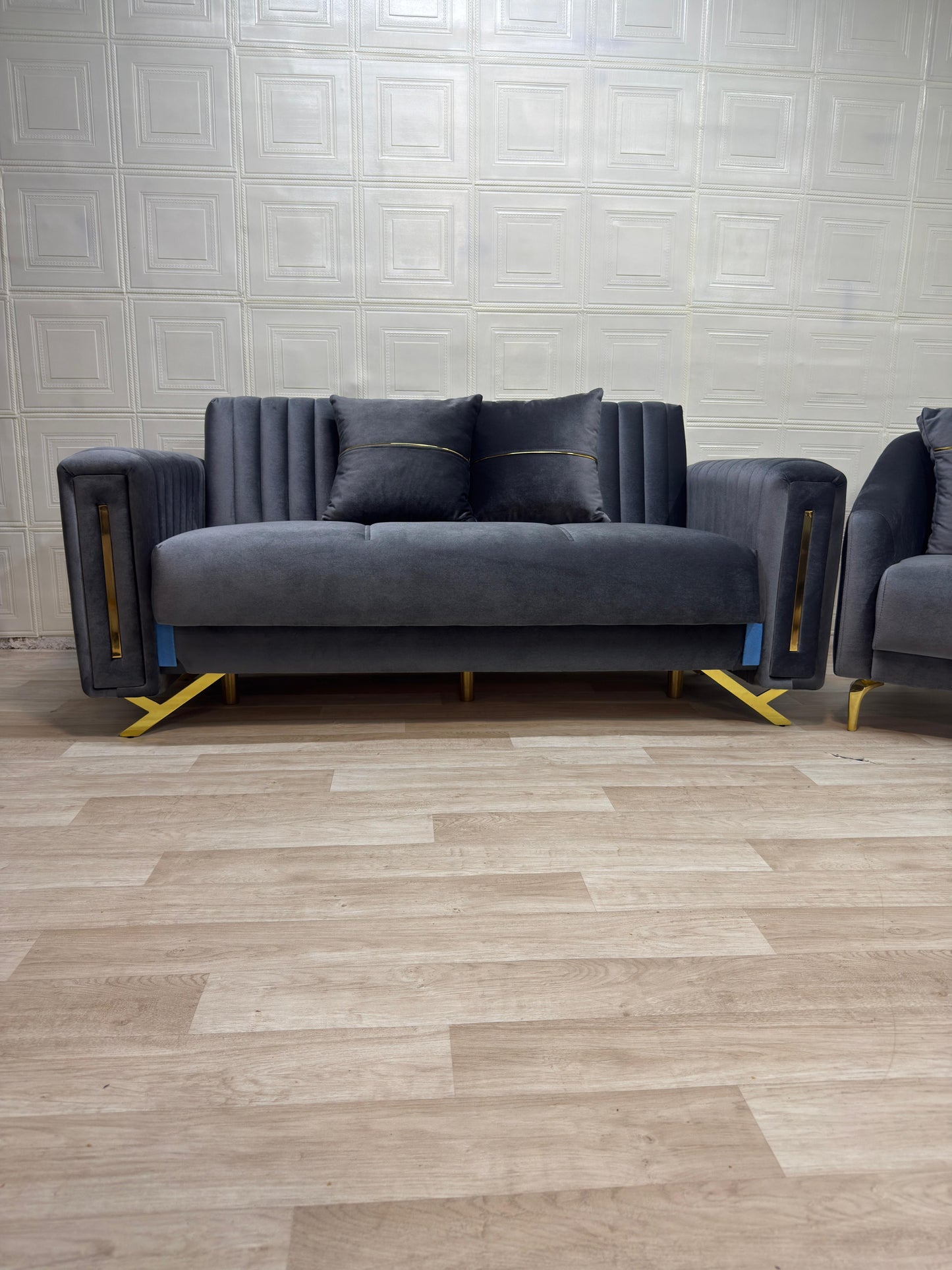 Stylish Synfoni Sofa Set - Dark Grey Velvet with Gold Accents | Bullring Rugs Ltd