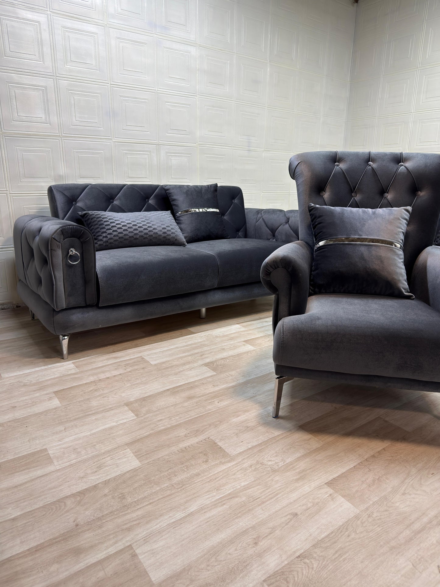 Elitra Sofa Set - Charcoal with Silver Accents | Bullring Rugs Ltd