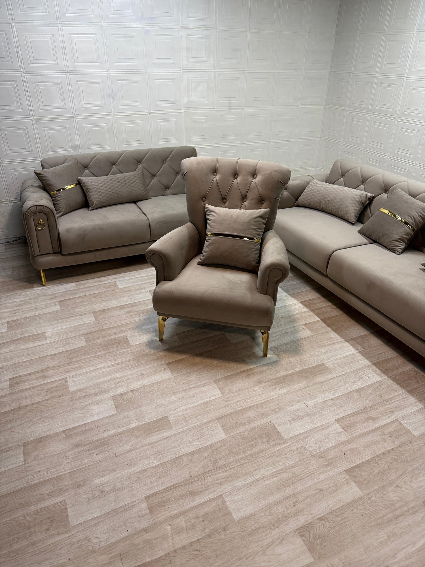 Elitra Sofa Set - Beige with Gold Accents | Bullring Rugs Ltd