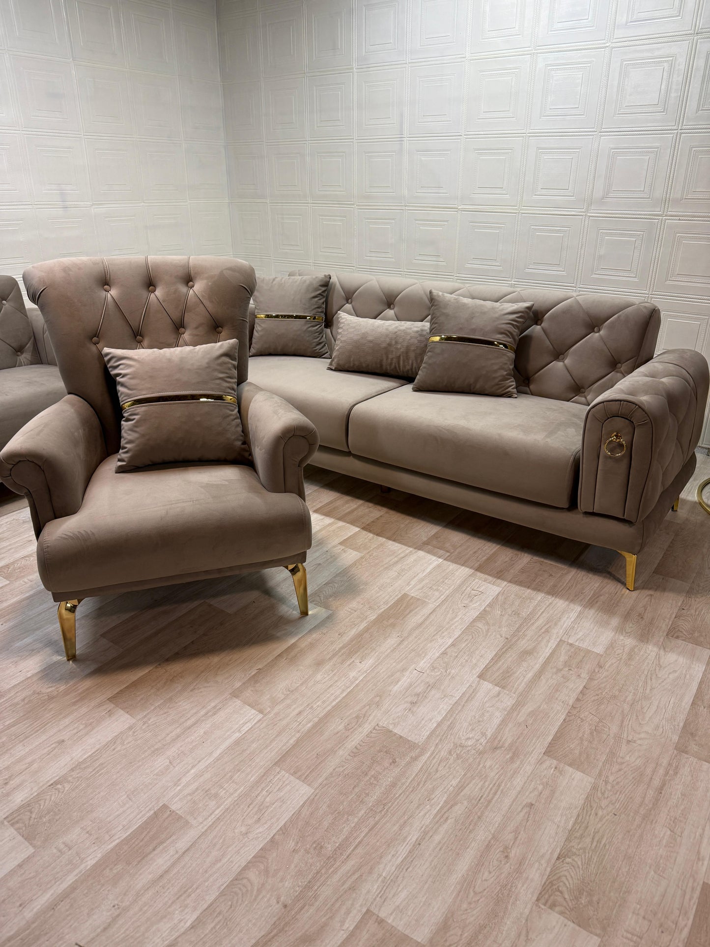 Elitra Sofa Set - Beige with Gold Accents | Bullring Rugs Ltd