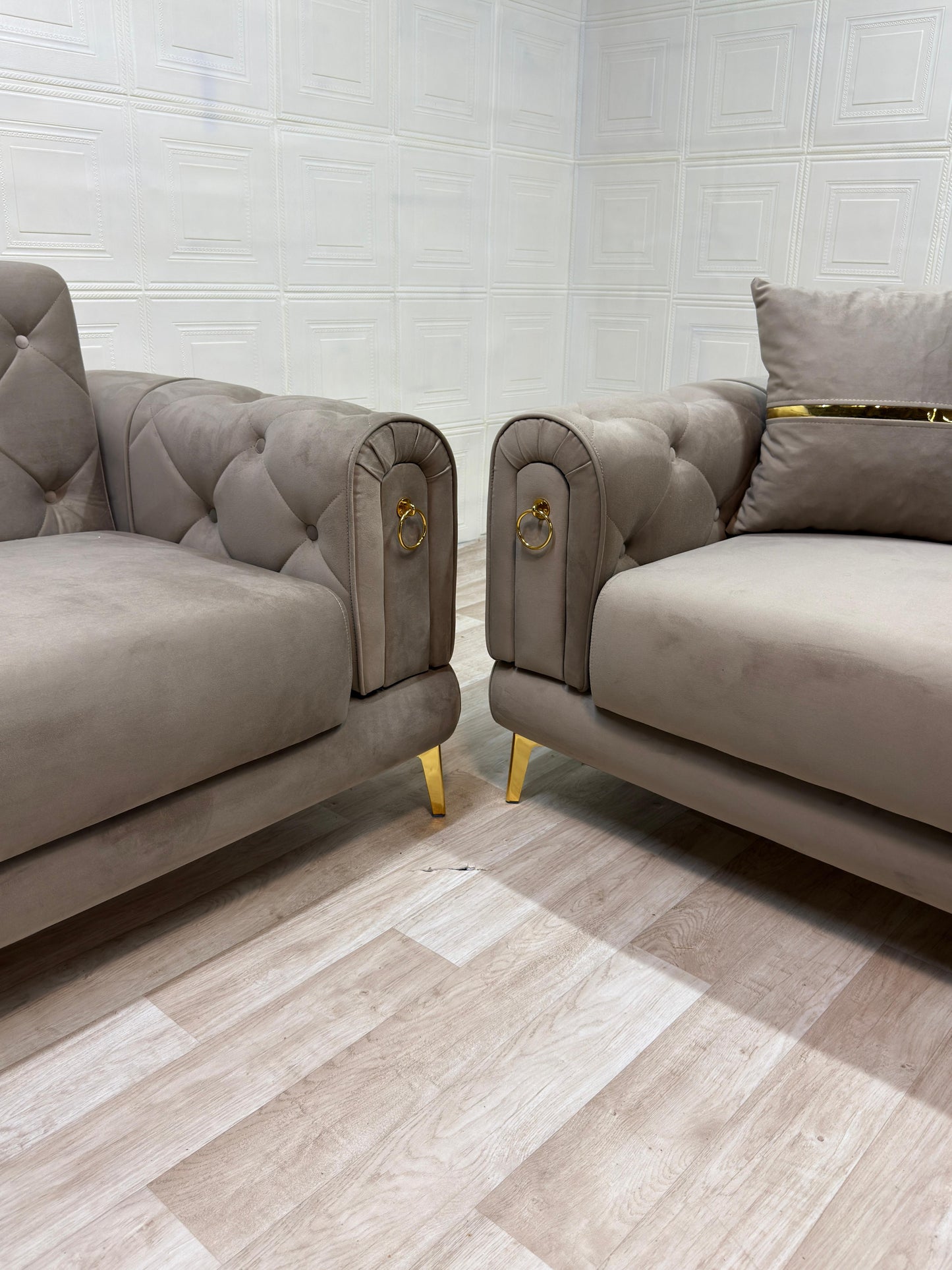 Elitra Sofa Set - Beige with Gold Accents | Bullring Rugs Ltd