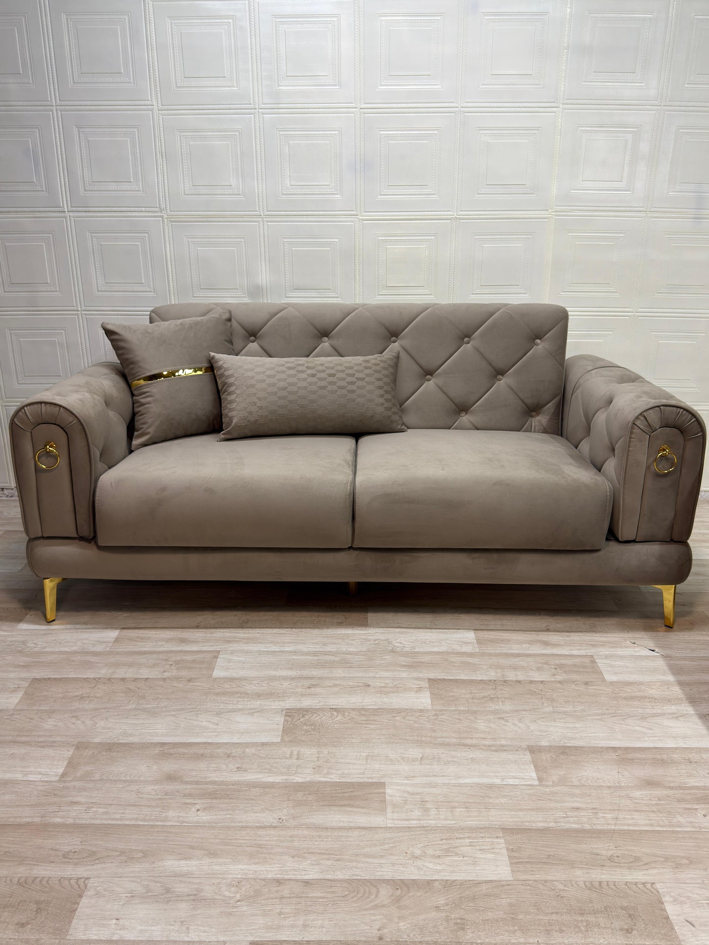 Elitra Sofa Set - Beige with Gold Accents | Bullring Rugs Ltd