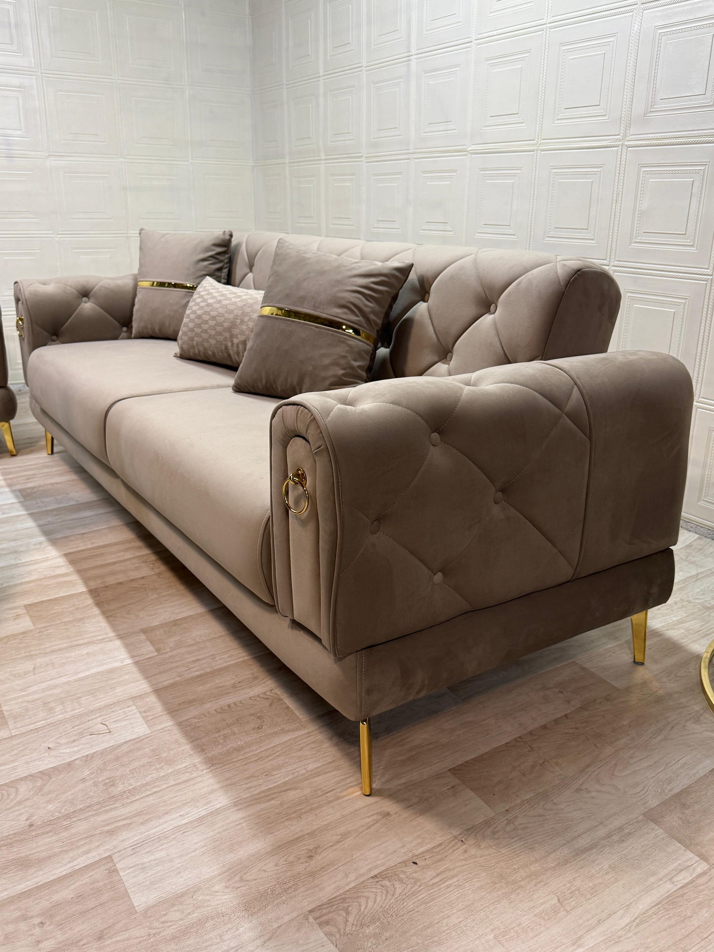 Elitra Sofa Set - Beige with Gold Accents | Bullring Rugs Ltd