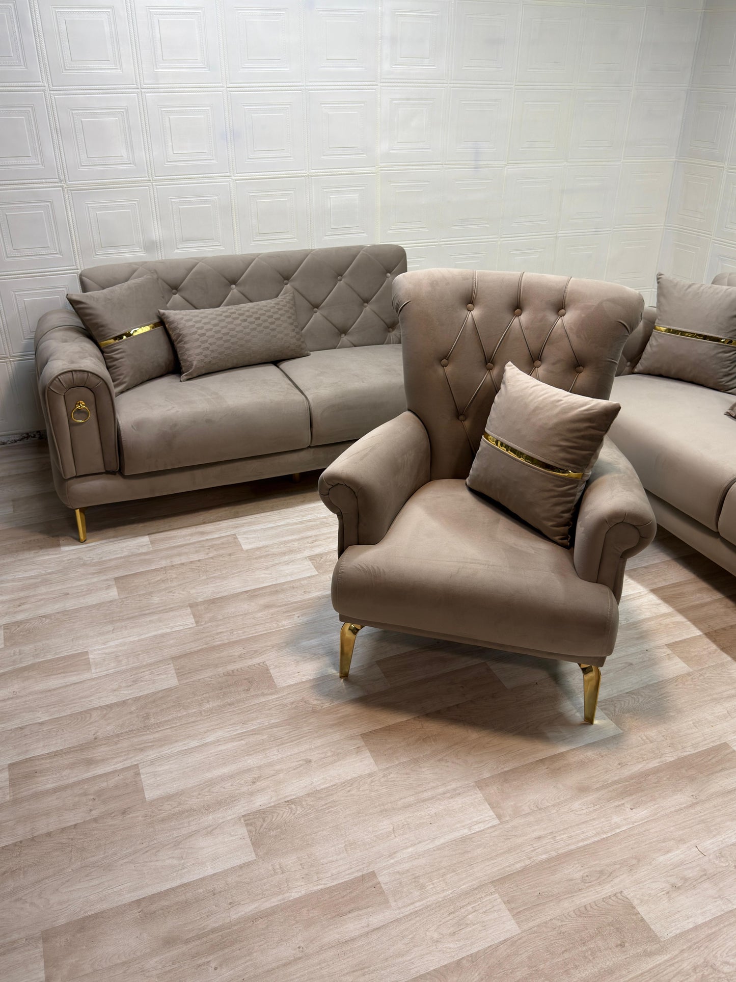 Elitra Sofa Set - Beige with Gold Accents | Bullring Rugs Ltd