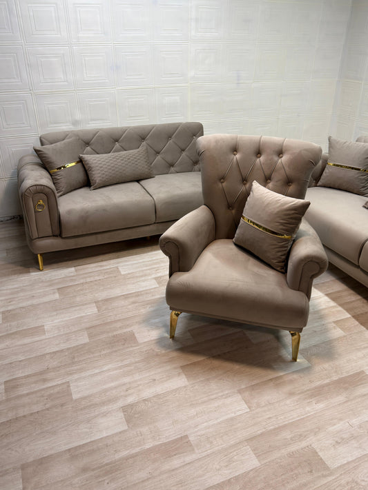 Elitra Sofa Set - Beige with Gold Accents | Bullring Rugs Ltd