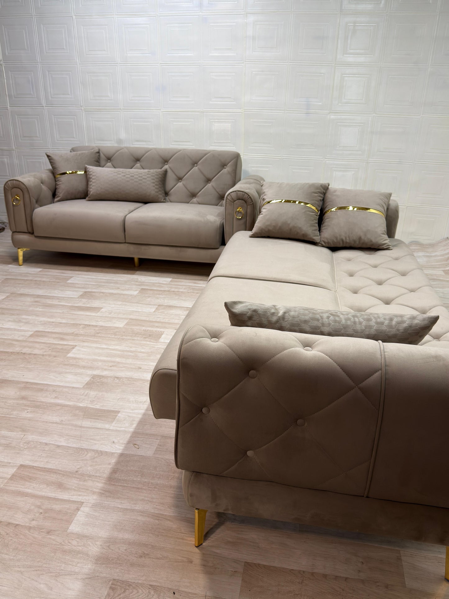 Elitra Sofa Set - Beige with Gold Accents | Bullring Rugs Ltd