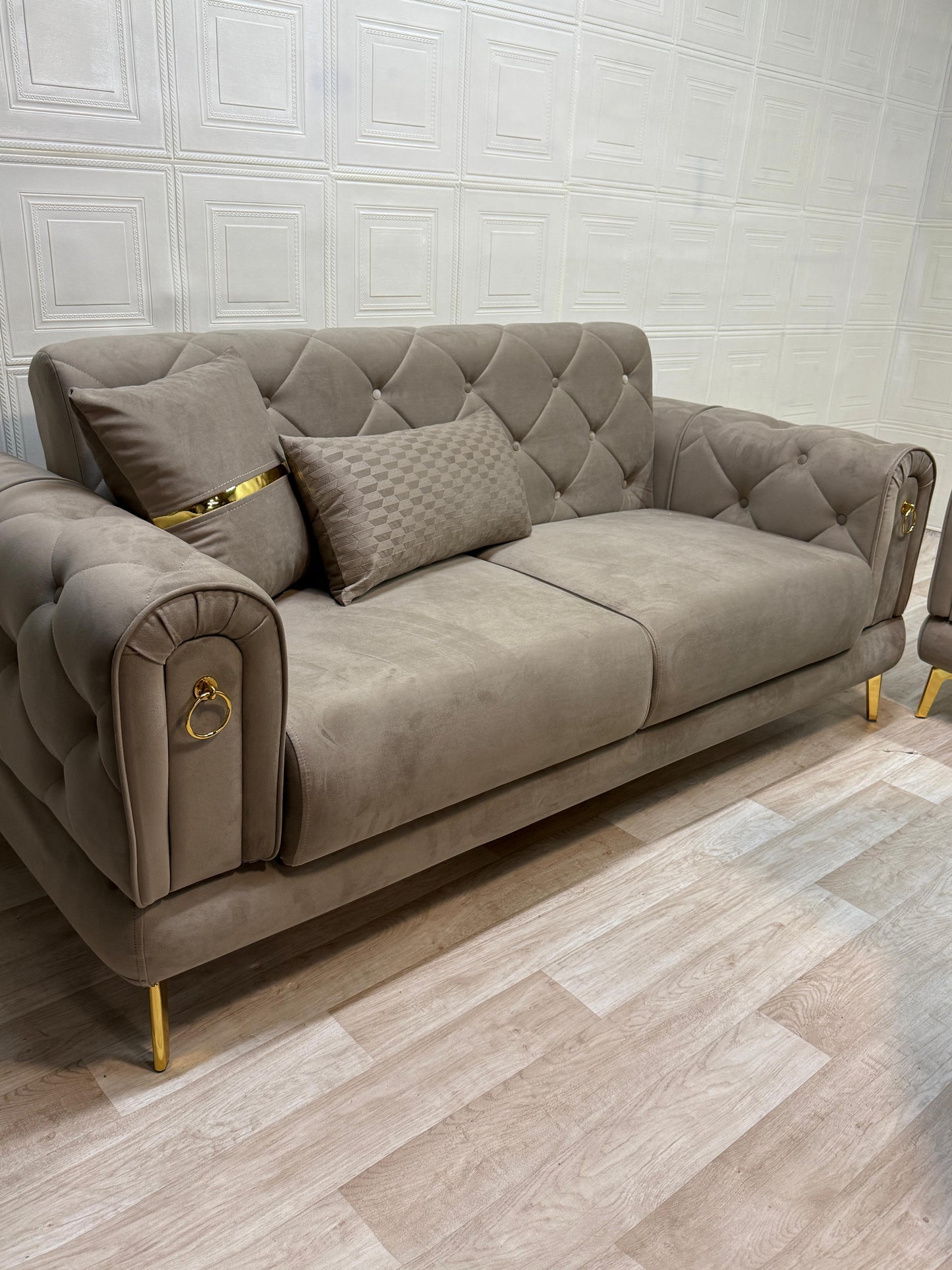 Elitra Sofa Set - Beige with Gold Accents | Bullring Rugs Ltd