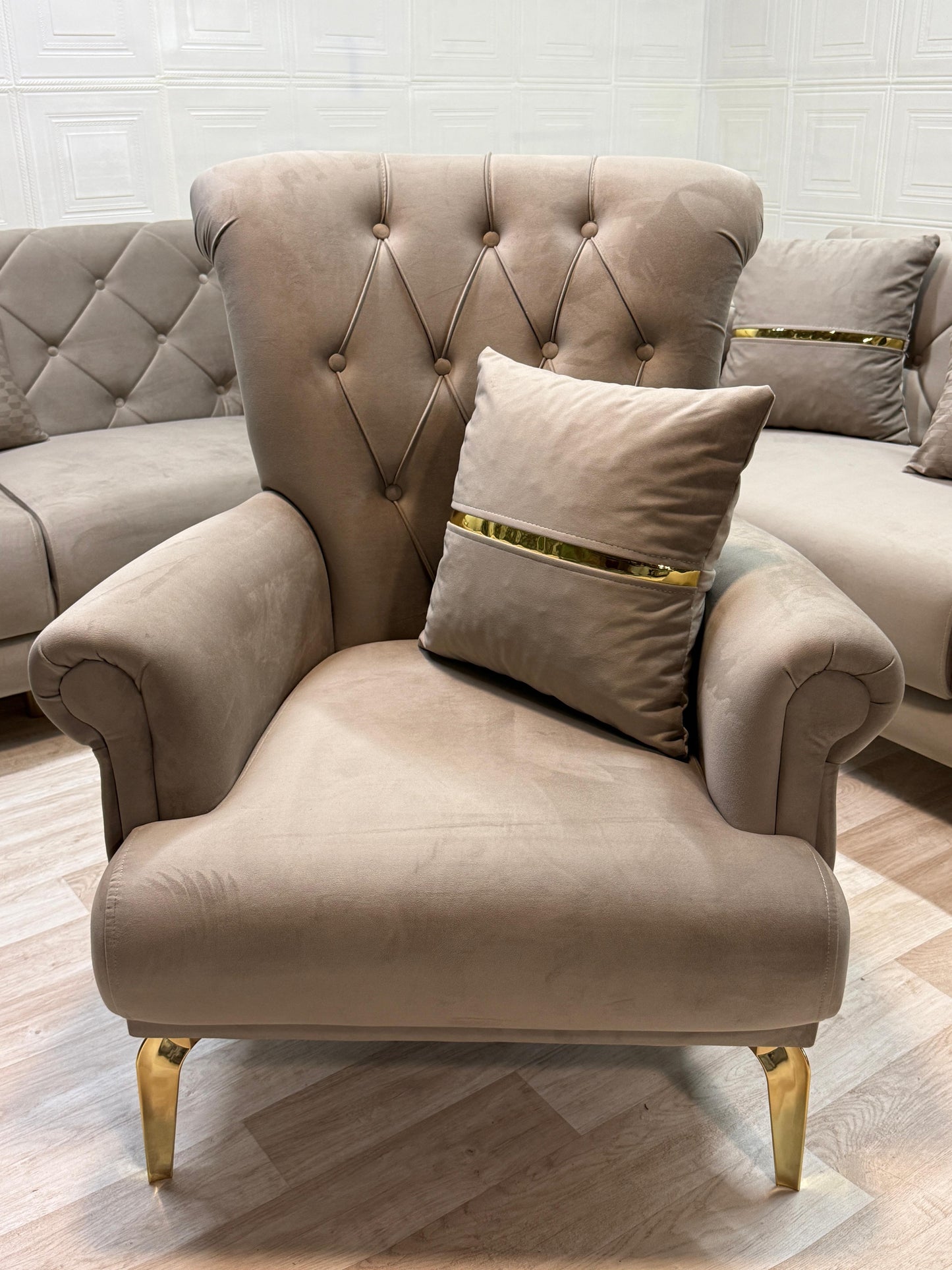 Elitra Sofa Set - Beige with Gold Accents | Bullring Rugs Ltd