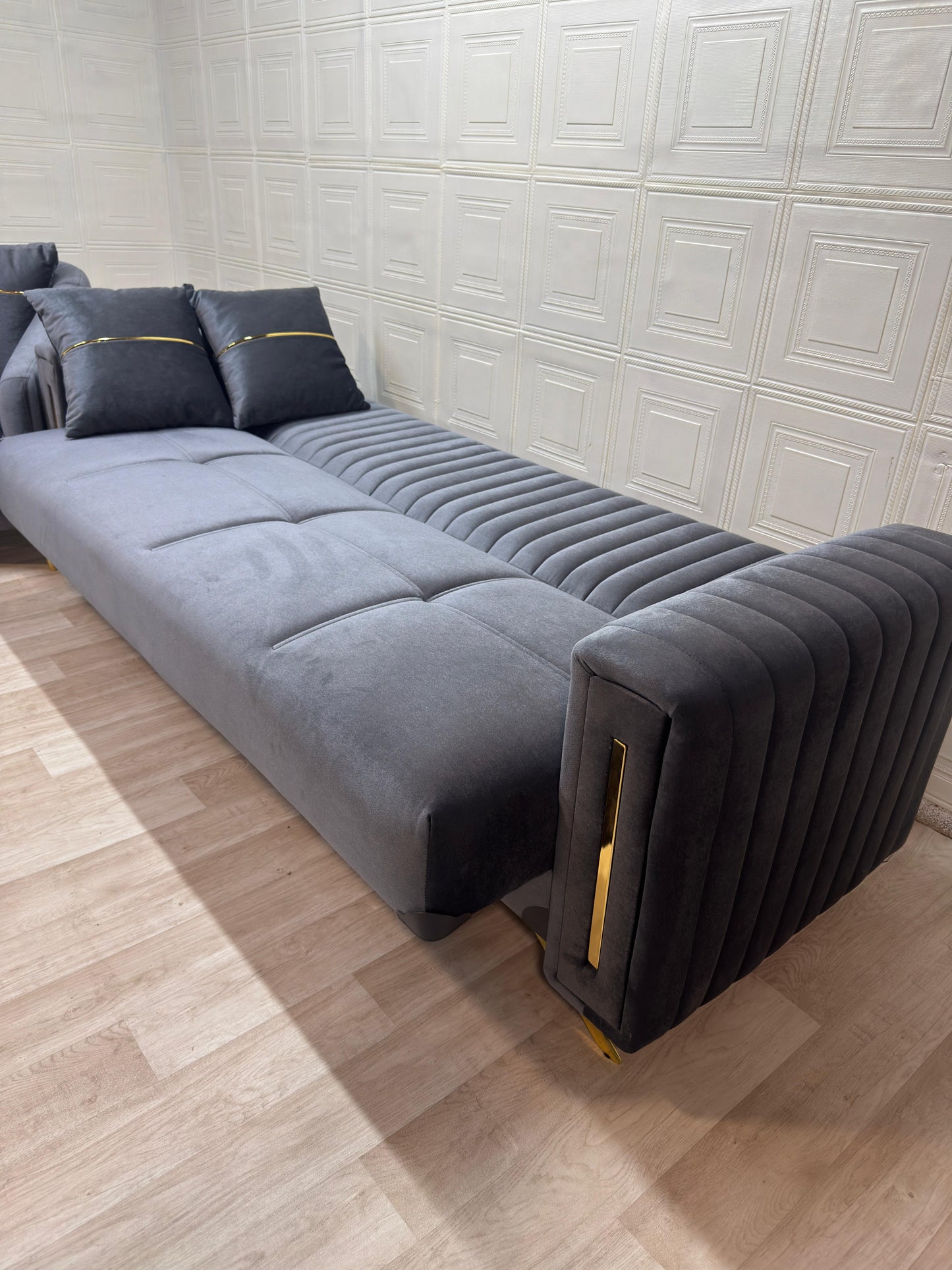 Stylish Synfoni Sofa Set - Dark Grey Velvet with Gold Accents | Bullring Rugs Ltd