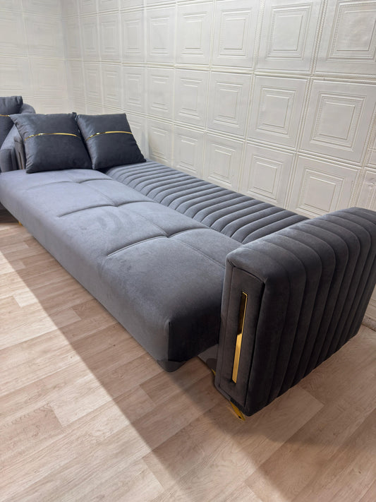 Stylish Synfoni Sofa Set - Dark Grey Velvet with Gold Accents | Bullring Rugs Ltd