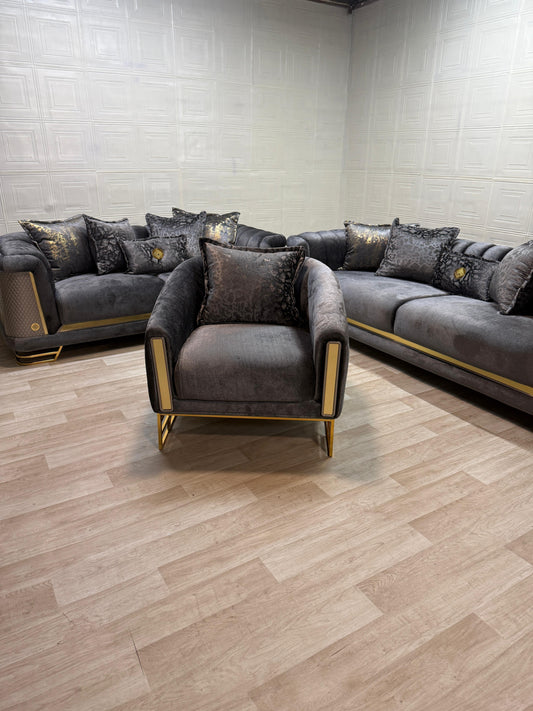 Luxurious Romance Sofa Set - Charcoal with Golden Accents | Bullring Rugs Ltd